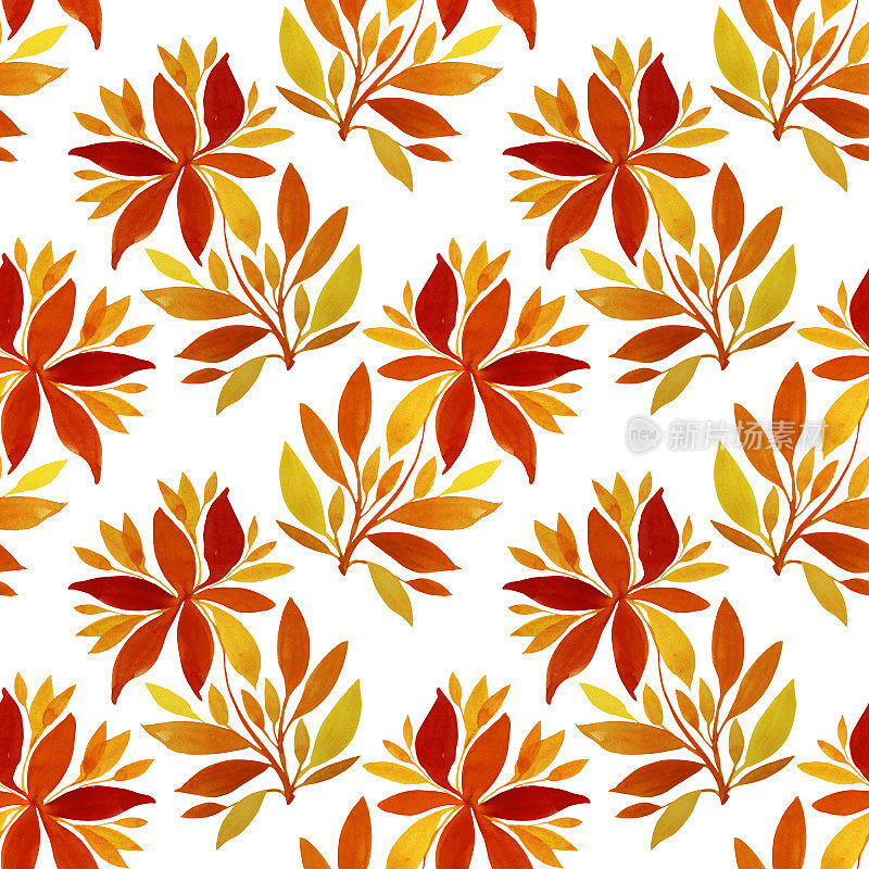 Seamless pattern watercolor hand-drawn orange and red flower chrysanthemum or lily and autumn leaves on white background